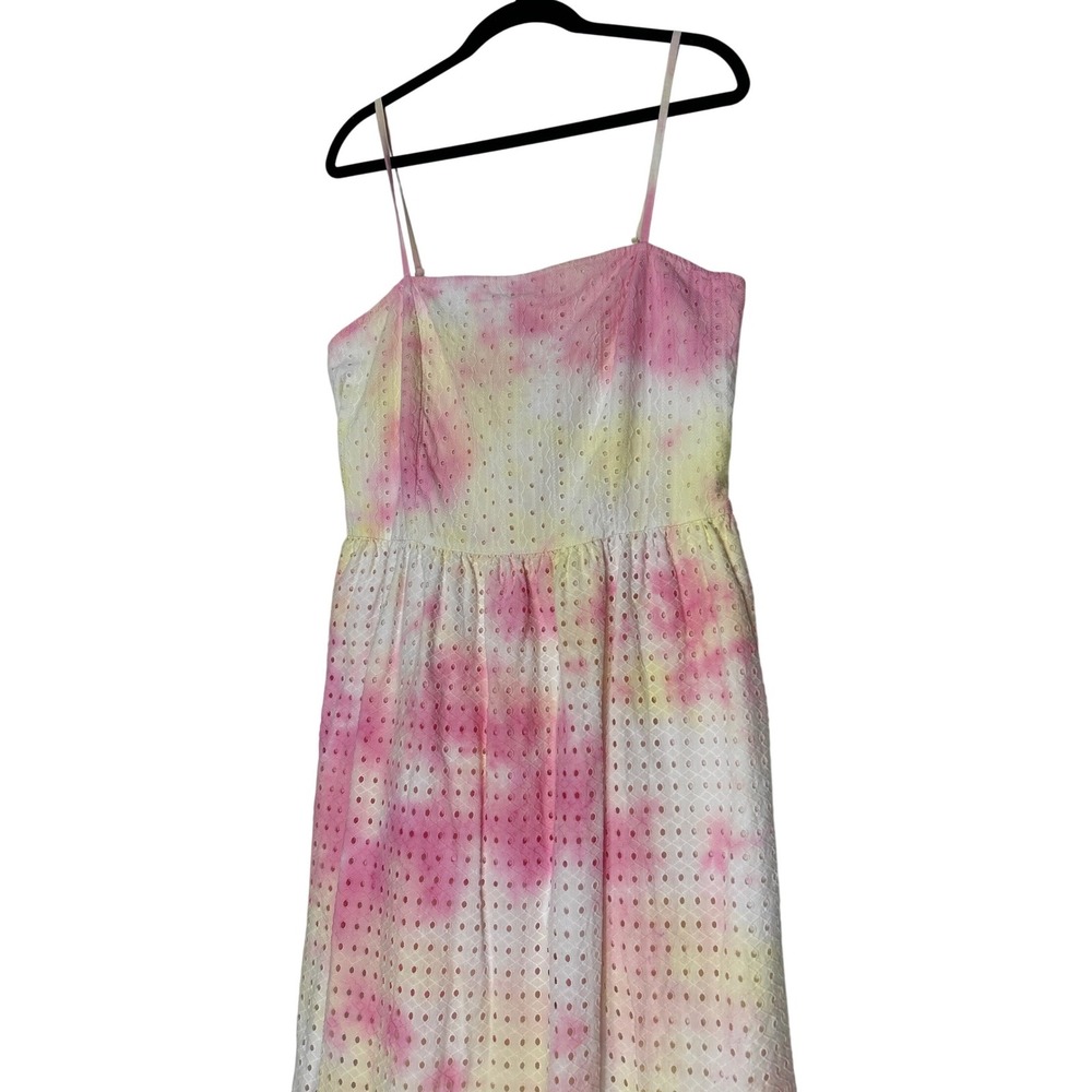 Morgan Taylor Tie-Dye Eyelet Dress‎ Smocked Back Yellow Pink Size XL  EUC